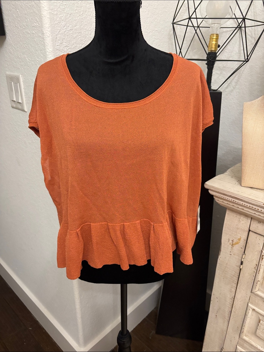 Anthropologie Orange Short Sleeve Ruffle-Hem Top